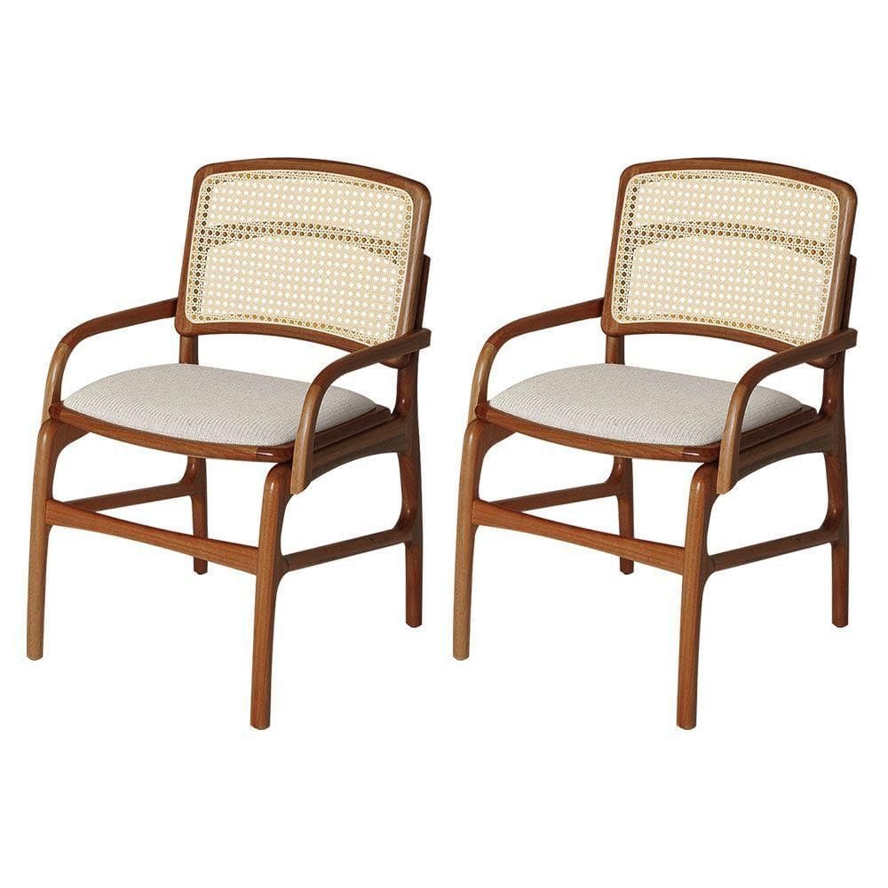Jogo 2 Cadeiras Para Jantar Florença Em Madeira Jequitibá Terra Braço Encosto Palha Linho Bege