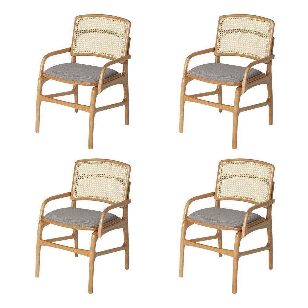 Jogo 4 Cadeiras Para Jantar Florença Em Madeira Jequitibá Natural Braço Encosto Palha Linho Cinza