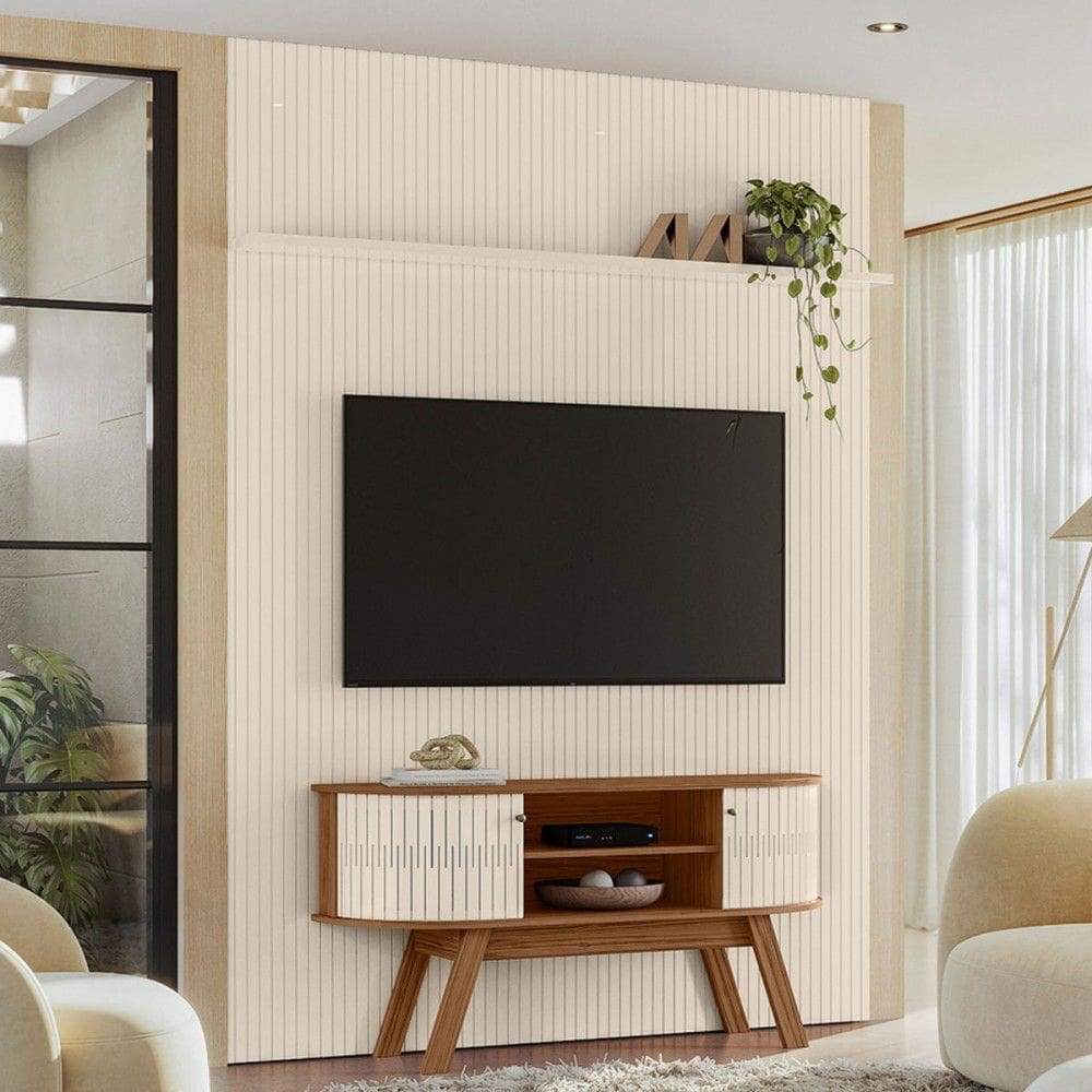 Rack com Painel para TV Até 65 Polegadas Cansas 2 Portas 2 Prateleiras Naturalle/Off White - Pnr Móveis