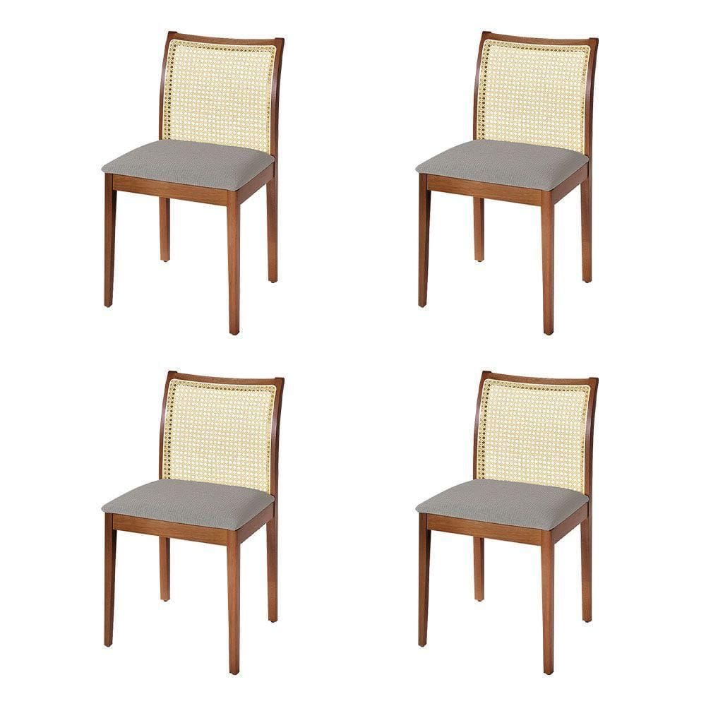 Jogo 4 Cadeiras De Jantar Juliana Jequitibá Terra Em Madeira Maciça Encosto Palha Linho Cinza