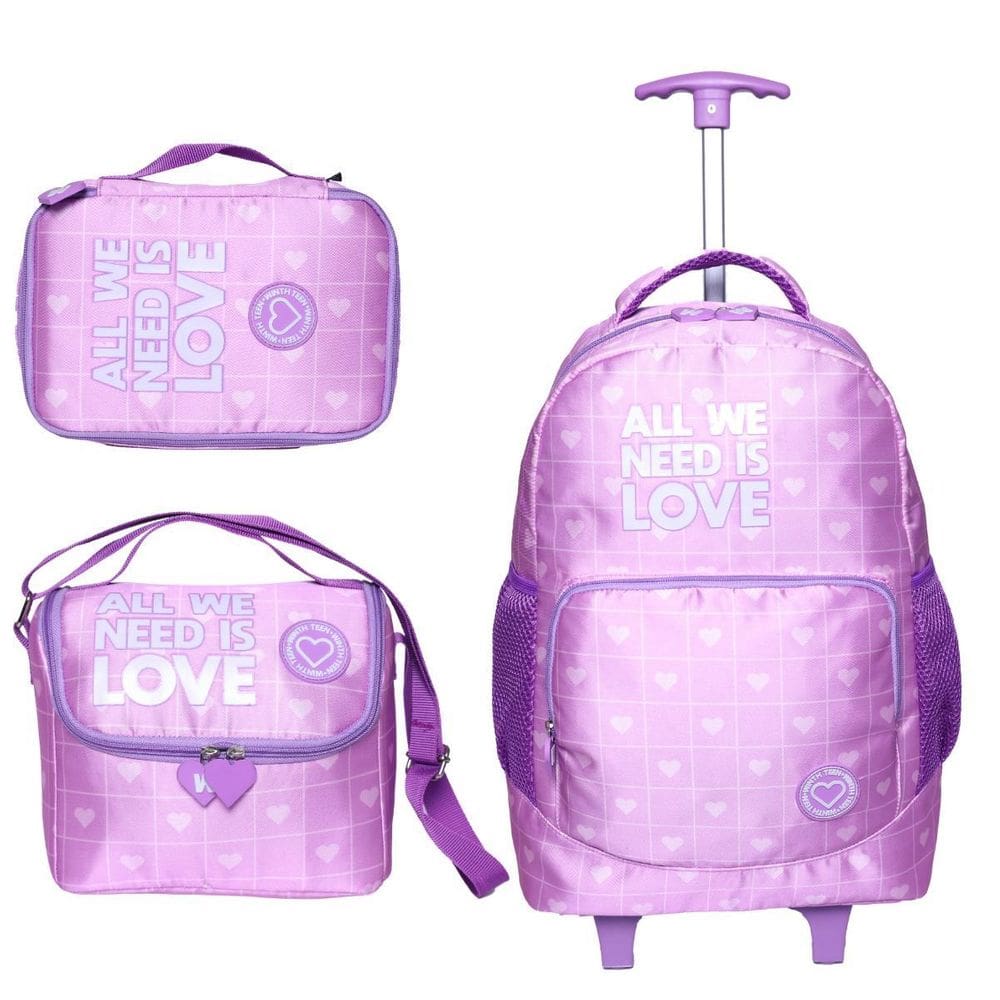 Kit Mochila De Rodinha Bolsa Estojo Lancheira Coração -Lilás