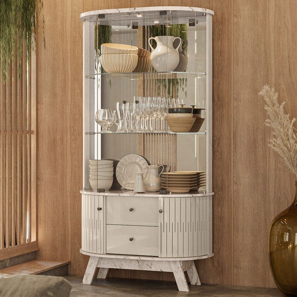 Cristaleira Mosaico 4 Portas 2 Gavetas com Espelho Calacata/Off White - Pnr Móveis