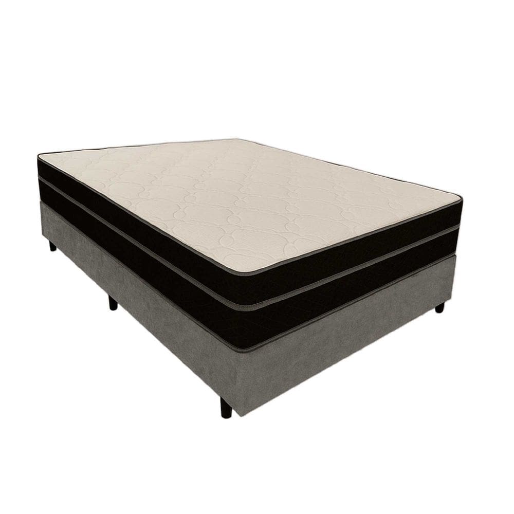 Cama Box Casal 138 Suede Cinza com Colchão Paris Molas Ensacadas Preto 66x138x188
