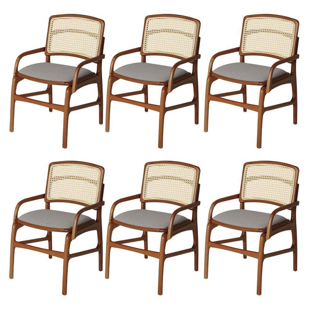 Jogo 6 Cadeiras De Jantar Florença Estrutura Em Madeira Jequitibá Terra Braço Encosto Palha Linho Cinza