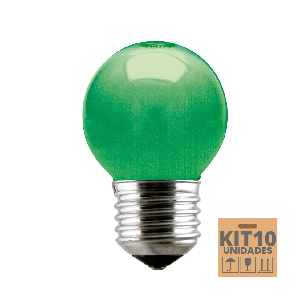 Kit 10 Lâmpadas Incandescente Taschibra Bolinha 15w E27 110V Verde