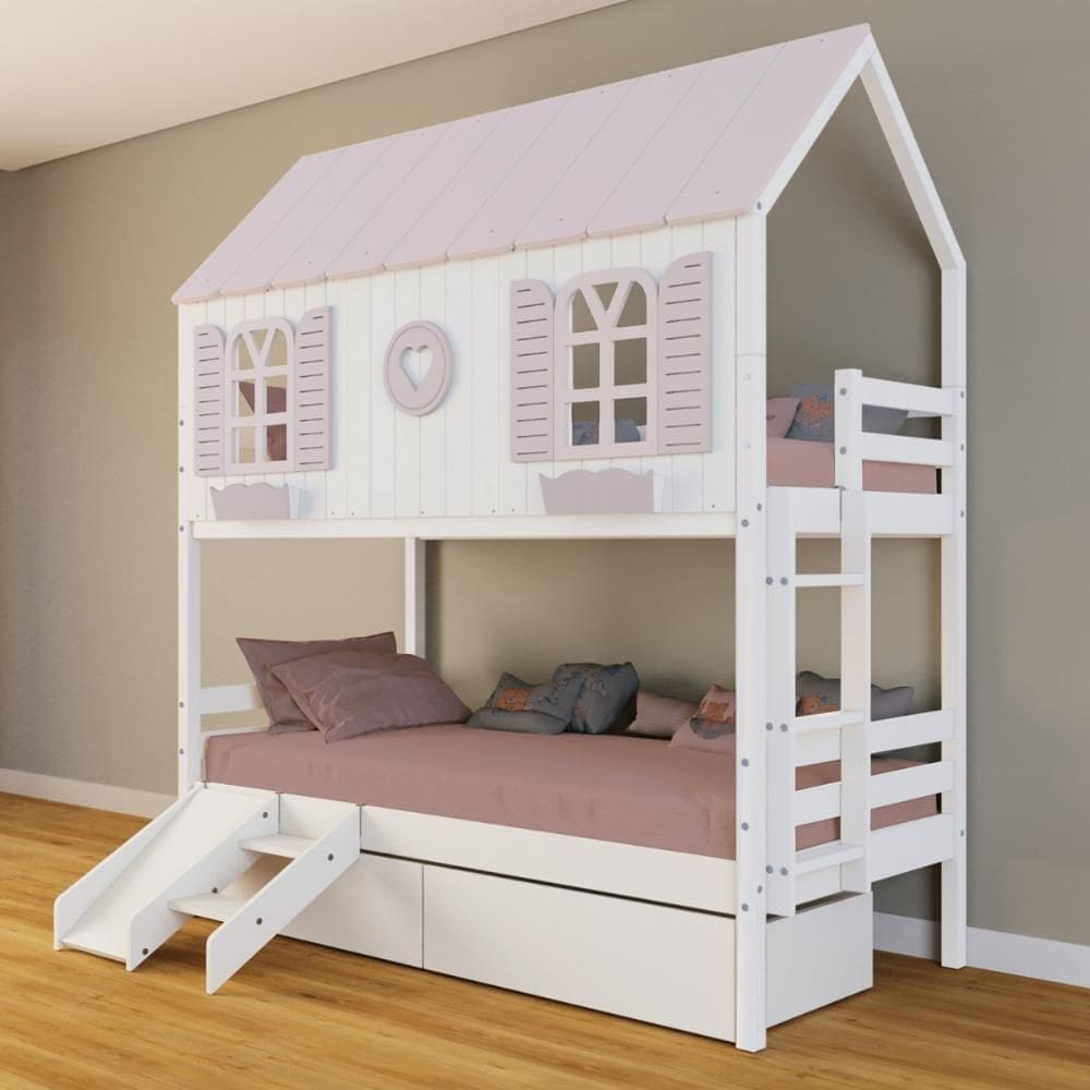 Beliche Casinha Bela com Coração 2 Gavetas Kit Escada/Escorregador - Madeira Maciça Branco/Rosa | Housin