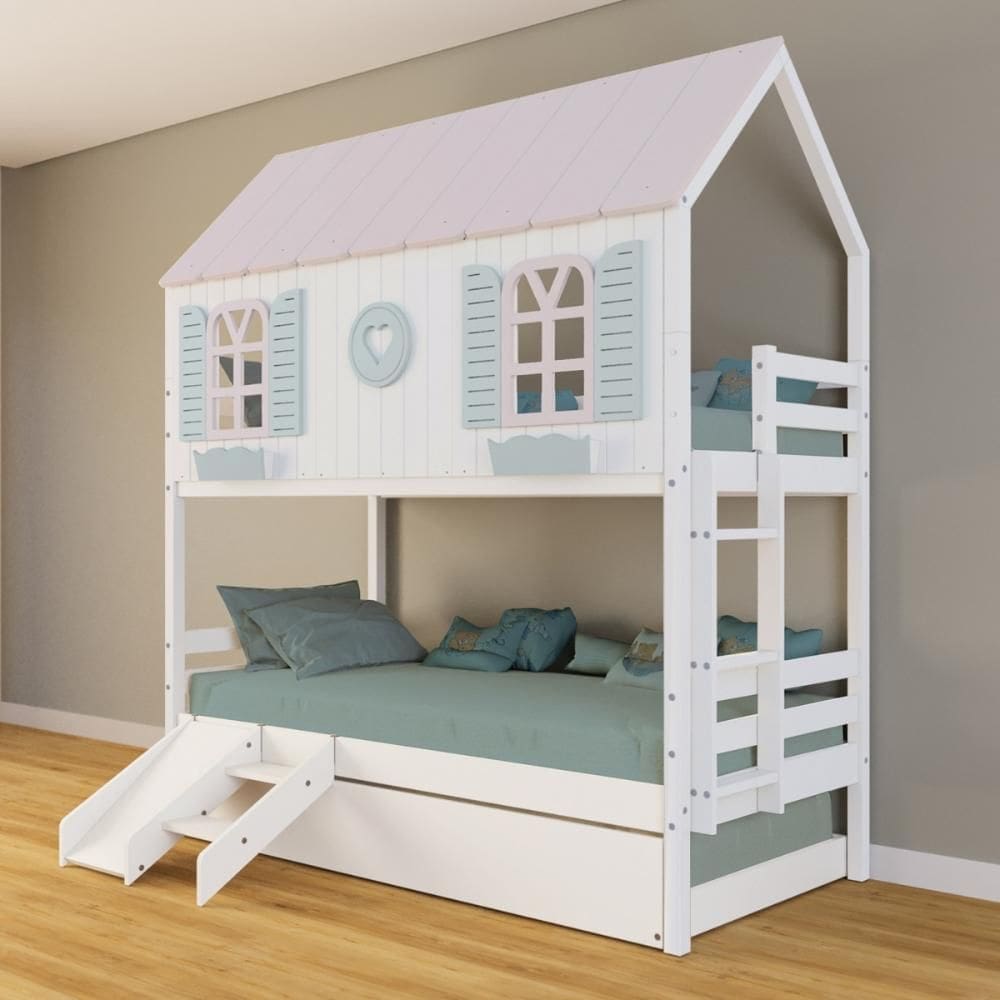 Treliche Casinha Bela com Coração Kit Escada/Escorregador - Madeira Maciça Branco/Rosa/Verde | Housin