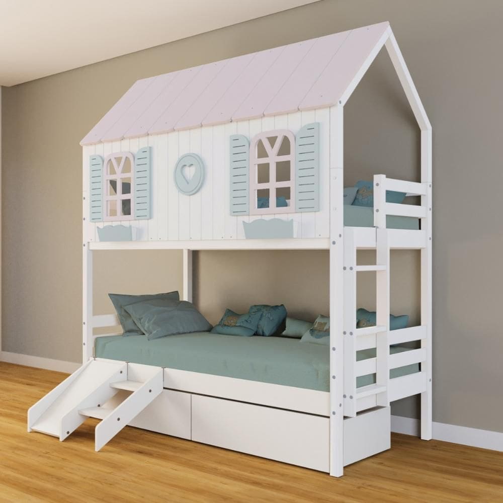 Beliche Casinha Bela com Coração 2 Gavetas Kit Escada/Escorregador - Madeira Maciça Branco/Rosa/Verde | Housin