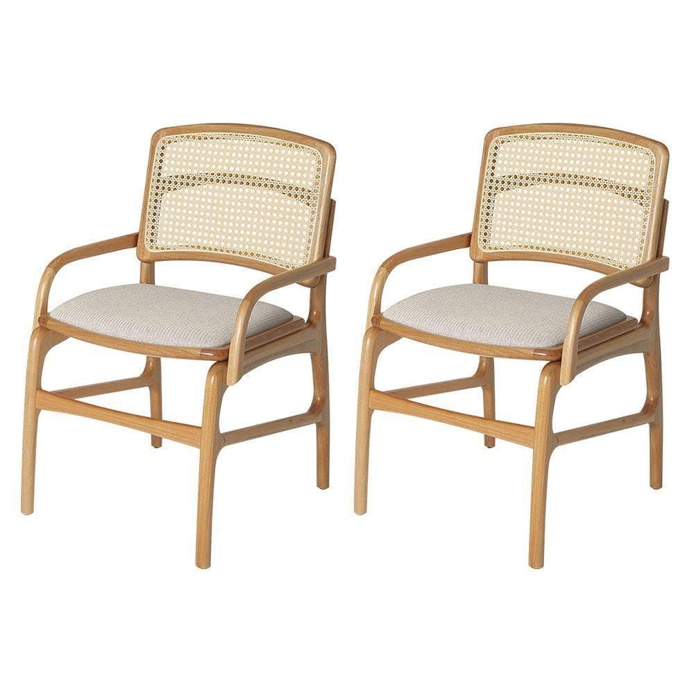 Conjunto 2 Cadeiras De Cozinha Florença Em Madeira Jequitibá Natural Braço Encosto Palha Linho Bege