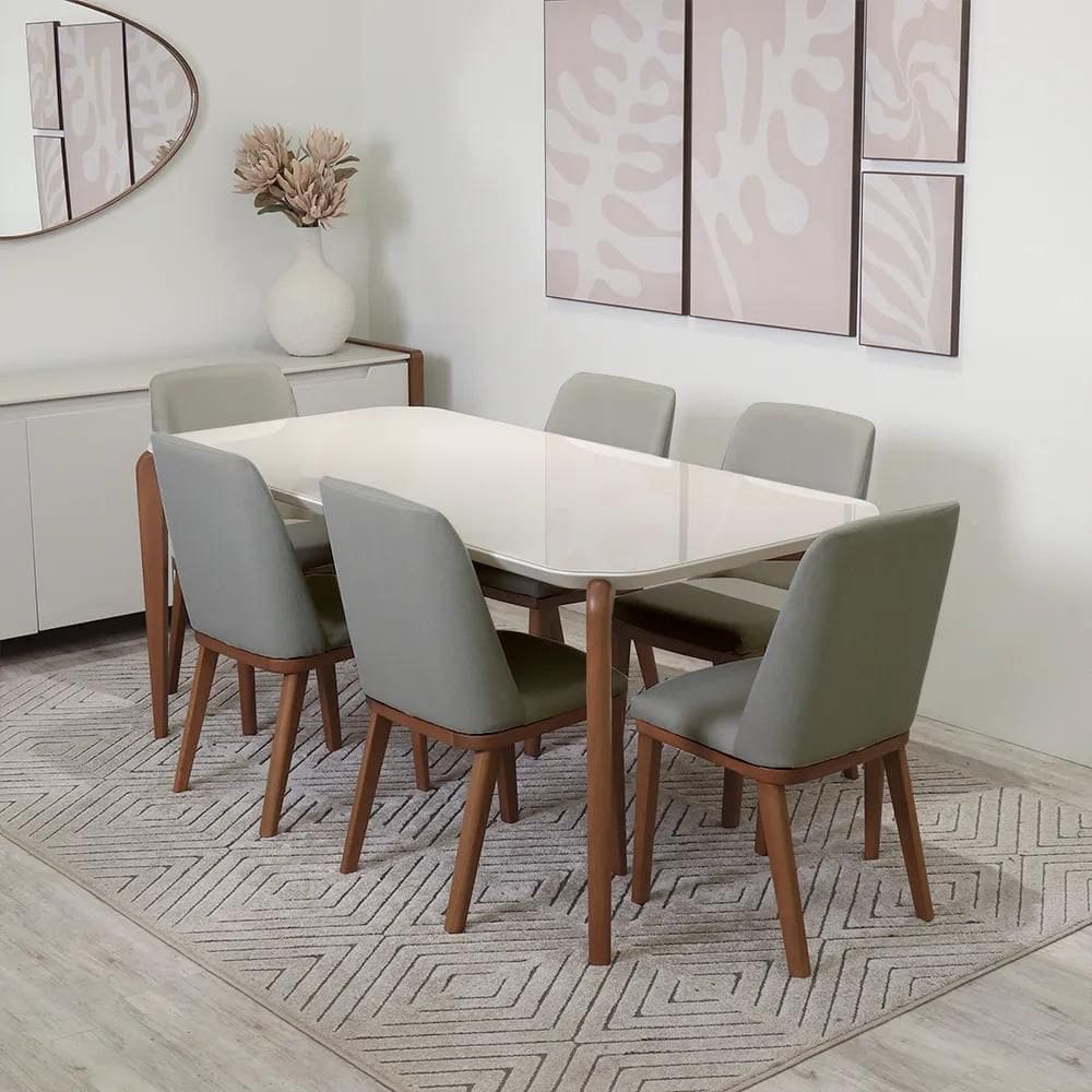 Conjunto de Jantar Mesa Retangular com Vidro Donatella 6 Cadeiras Kalina - Natural c/ Carbono