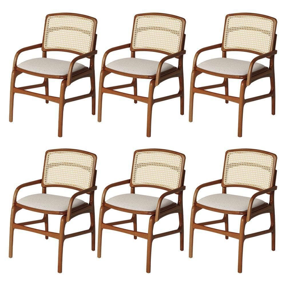 Jogo 6 Cadeiras Para Jantar Florença Em Madeira Jequitibá Terra Braço Encosto Palha Linho Bege