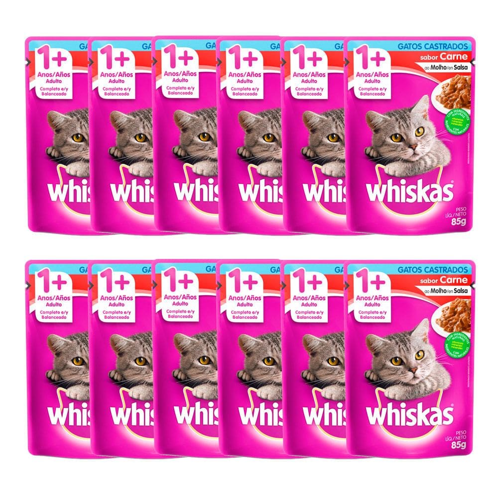 Kit 12 Ração Úmida para Gatos Whiskas Adultos 1+ Anos Castrados Sabor Carne em Sachê 85g