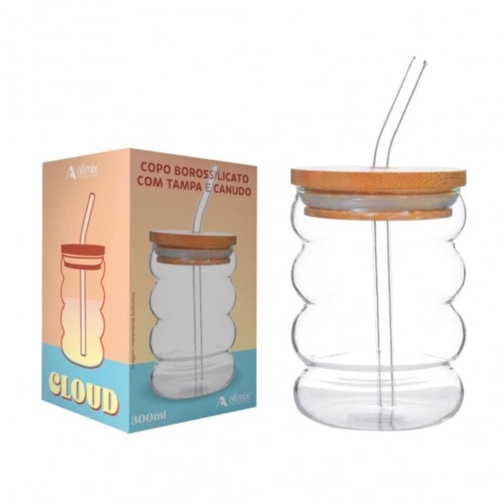 Copo Vidro Borossilicato 300ml com Tampa Bambu Canudo Reutilizável Cloud Nadir