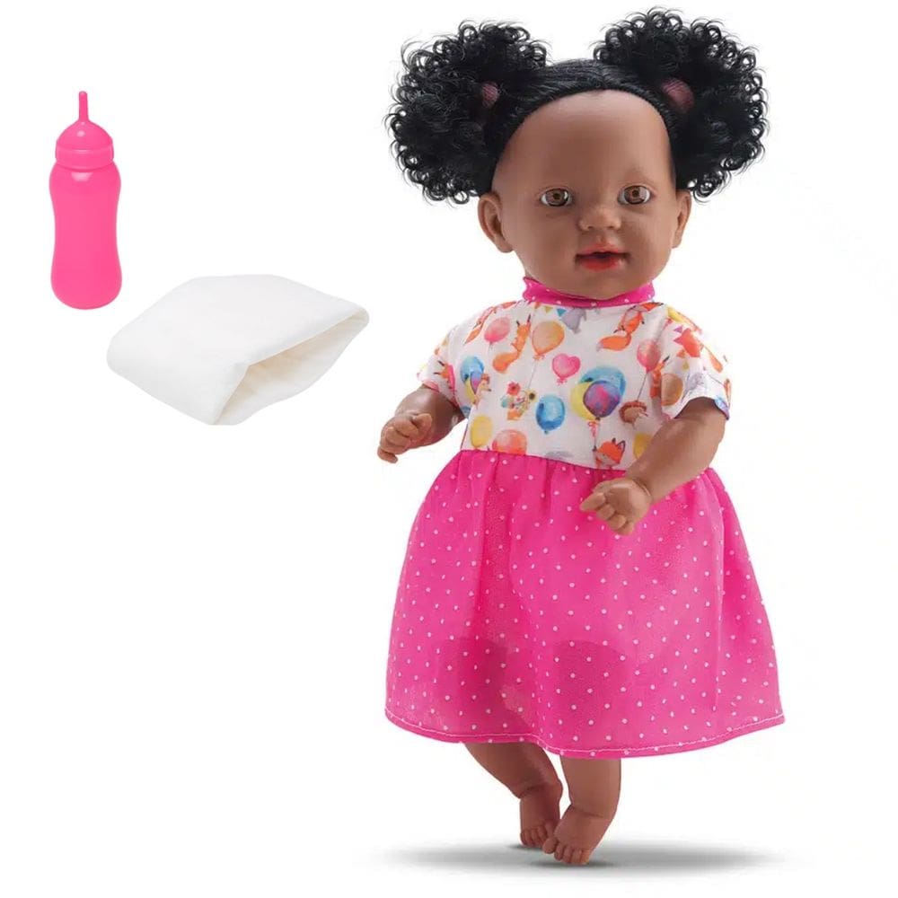 Boneca Dina Negra Faz Xixi Bebê Mamadeira Fraldinha Bambola