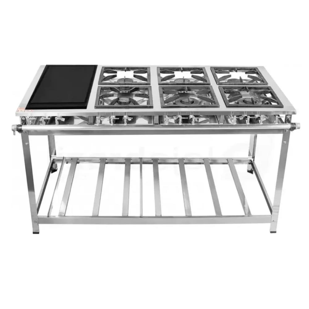 Fogão Industrial 6 Bocas com Chapa P8 em Aço Inox Leona