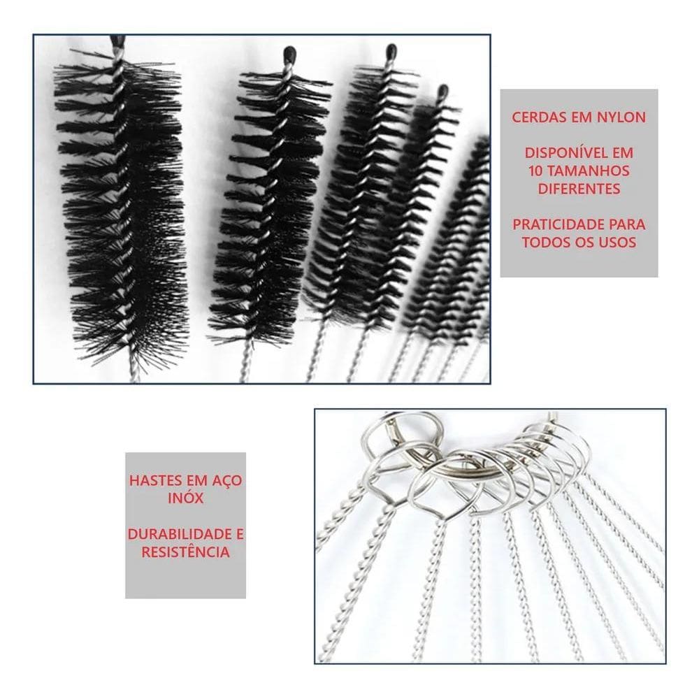 3X Kit 10 Escovas Limpeza Haste Inox E Cerdas Nylon Cilindri