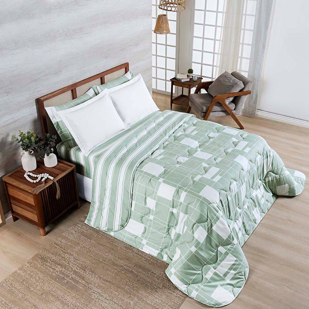 Edredom Cobertor Belle King 400 Fios Dupla Face Estampado Quadriculado Verde