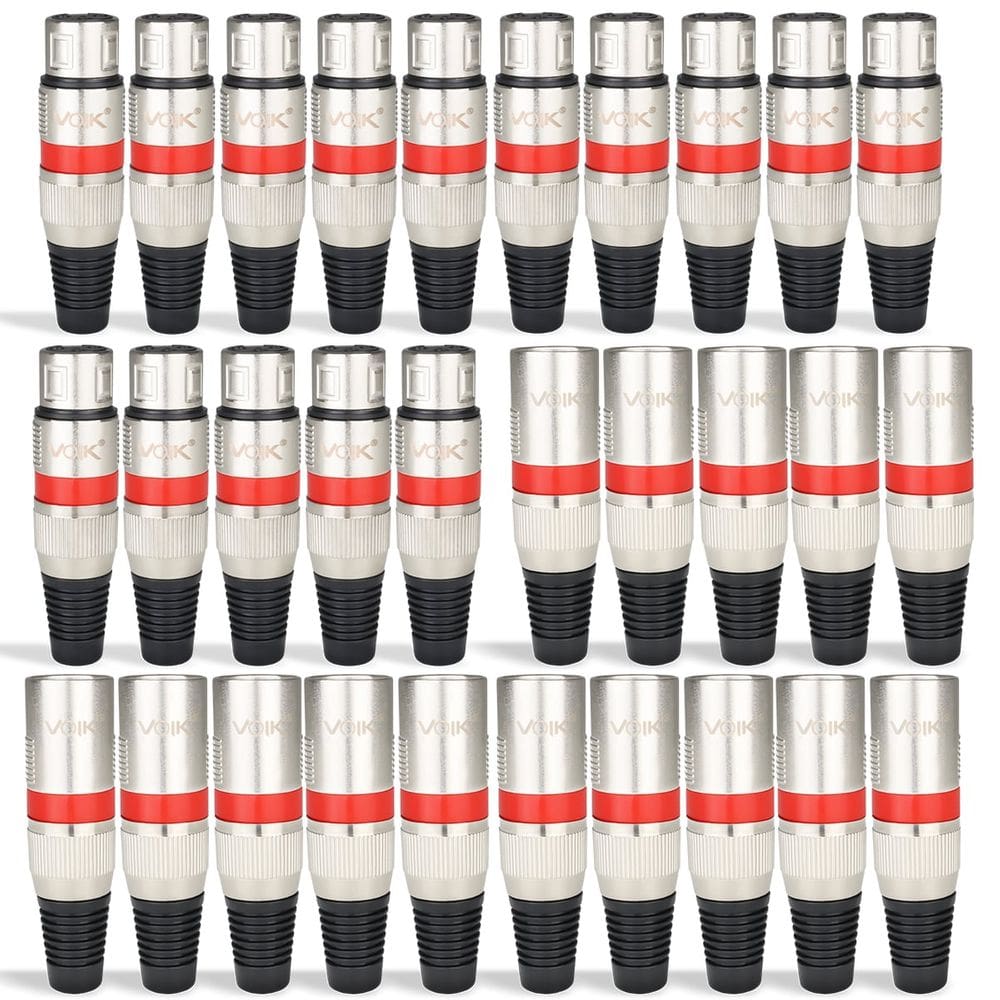 Kit 30 Conectores XLR Macho e Fêmea Voik PVK-MV Metal Vermelho