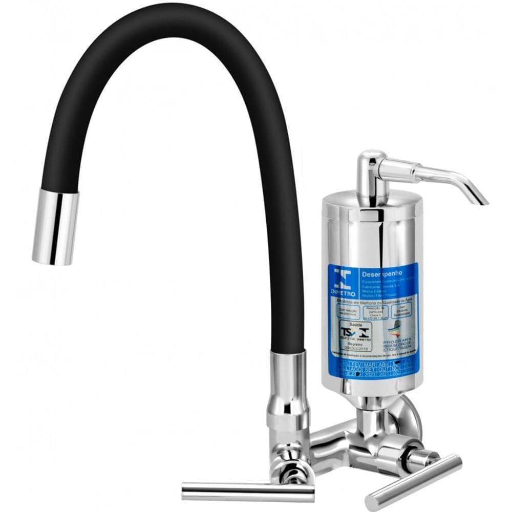 Torneira com Filtro para Cozinha ABS Omega 1/4 de Volta Bica Articulável C61 Preta e Cromada de Parede - VTF262CWB - ESTEVES