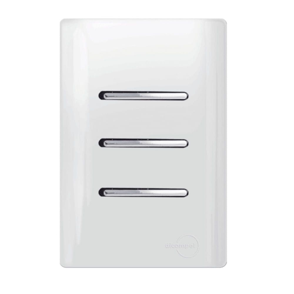 Interruptor Simples Horizontal Cromado 3 Teclas Simples Placa 4x2 Branca - DC-12008 - NOVARA