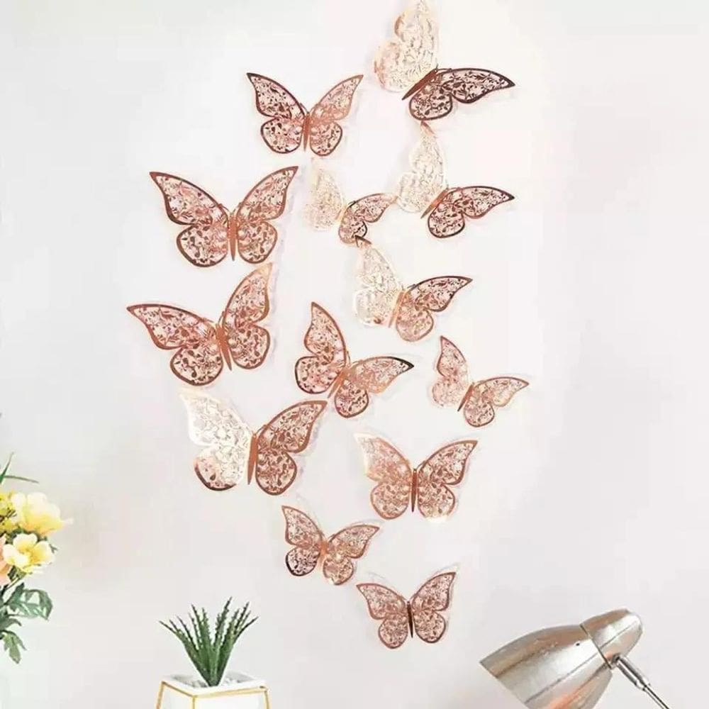 Borboletas Decorativas Metalizadas Efeito 3D Kit 12 Unid Cor