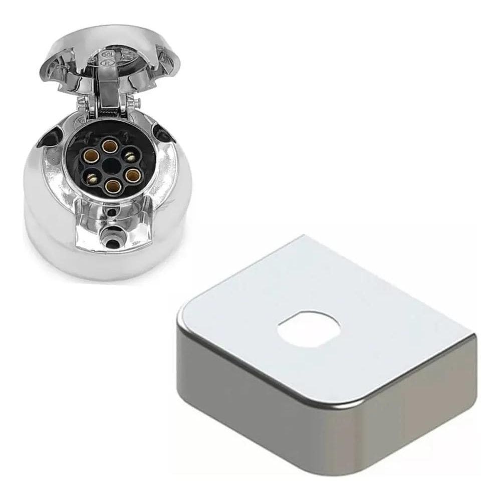 Kit Tomada Cromada E Capinha Inox 10 Cm Para Engate Rabicho