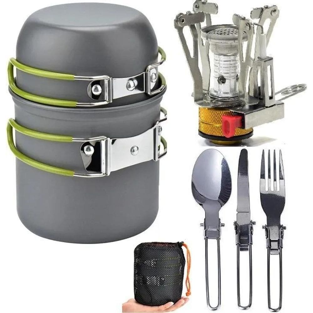 Mini Fogareiro + Conjunto Panela Camping 2 Peças+ Talheres
