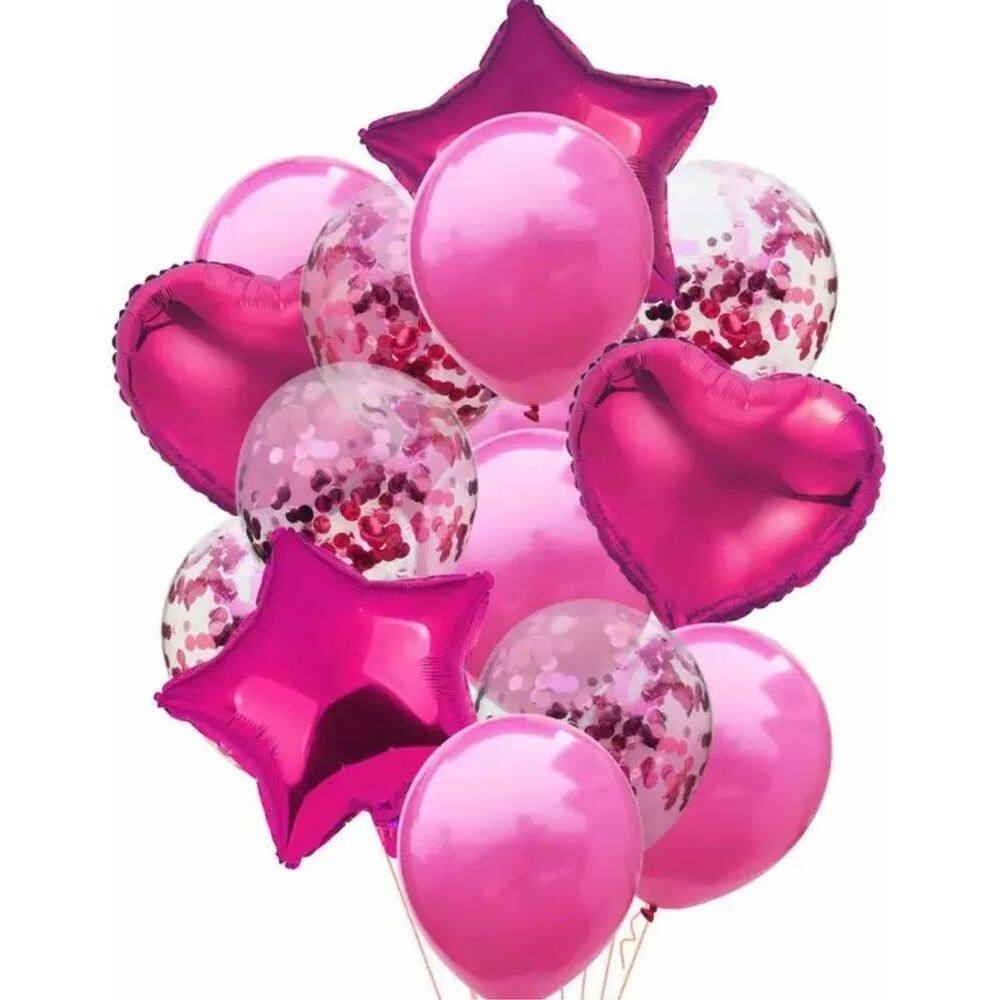 3X Kit Buque Balão Metalizado 14 Peças Bexiga Festa Rosa Pin