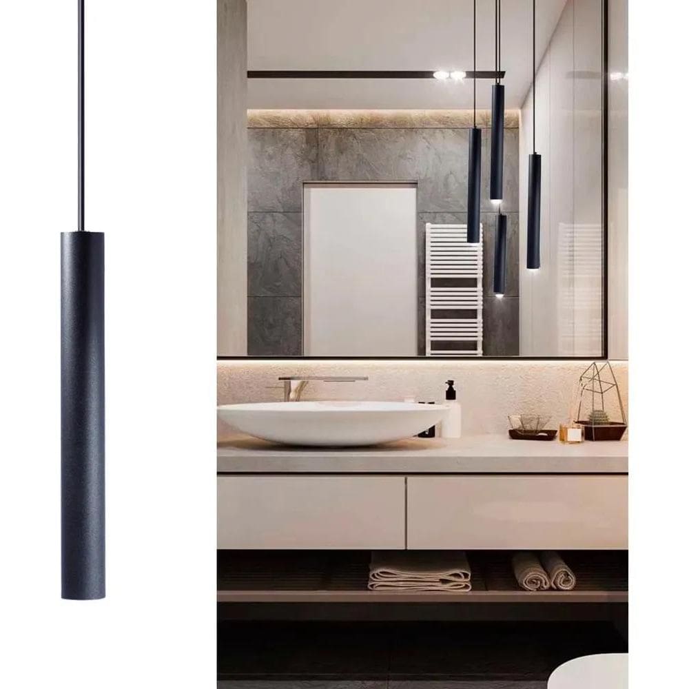 3X Pendente Tubo Alumínio Preto 30 Cm Banheiro Lavabo Modern