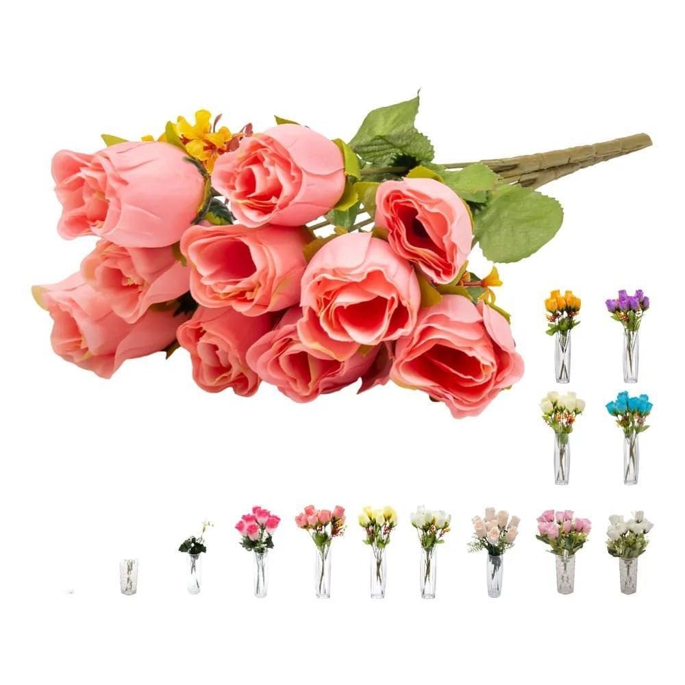 40 Botão Rosa  8 Buques Flor Artificial