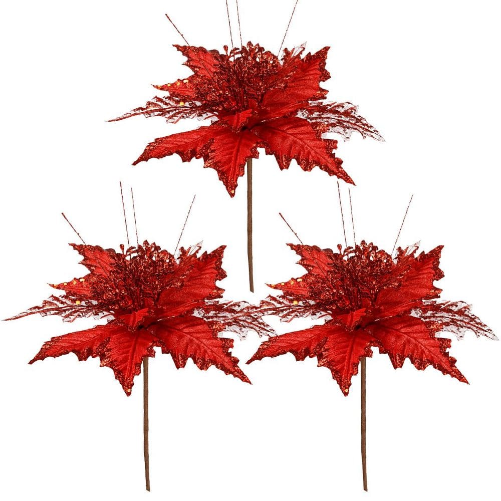 Jogo 3 Pick Natal Flor Bico de Papagaio Vermelho Borda Glitter Luxo 25cm x 16cm