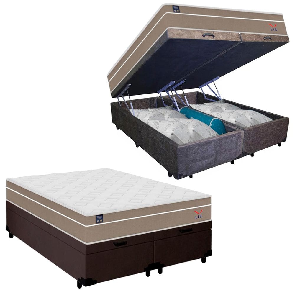 Cama Box Baú Casal Bipartido Suede + Colchão Lis Molas Ensacadas Plumatex 138cm