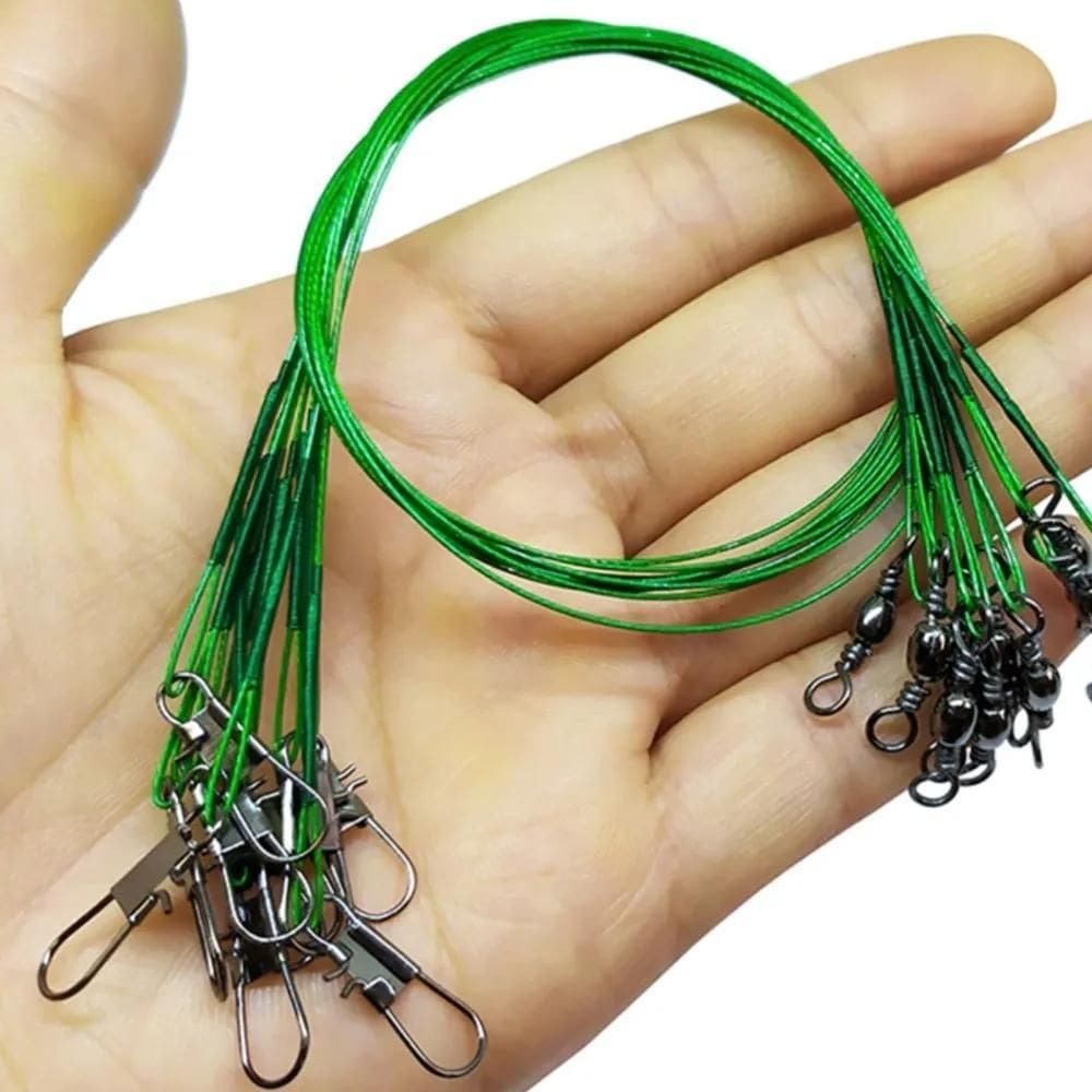 Chicote Pesca Kit 10 Cabo Aço Com Snap Encastoado Girador