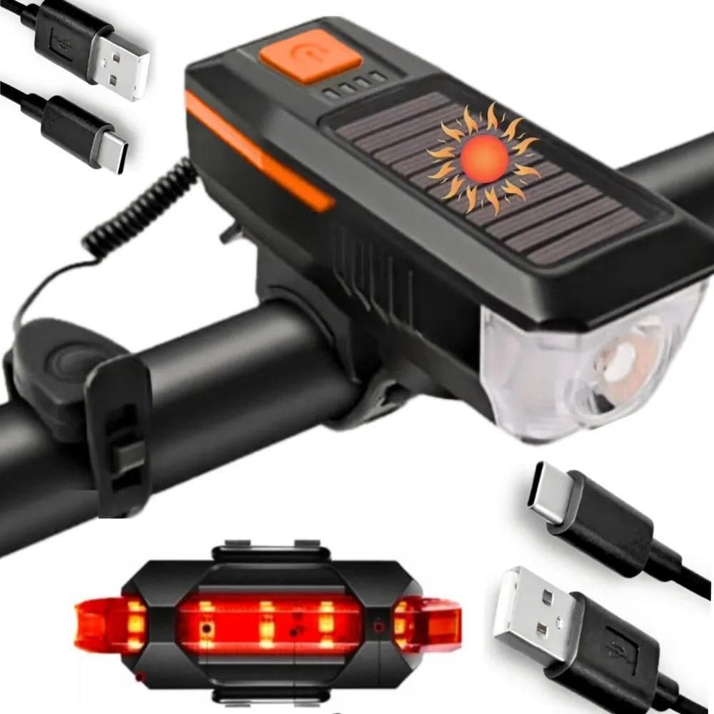 Lanterna Farol Solar Bike Buzina Led Traseiro Ciclista Kit
