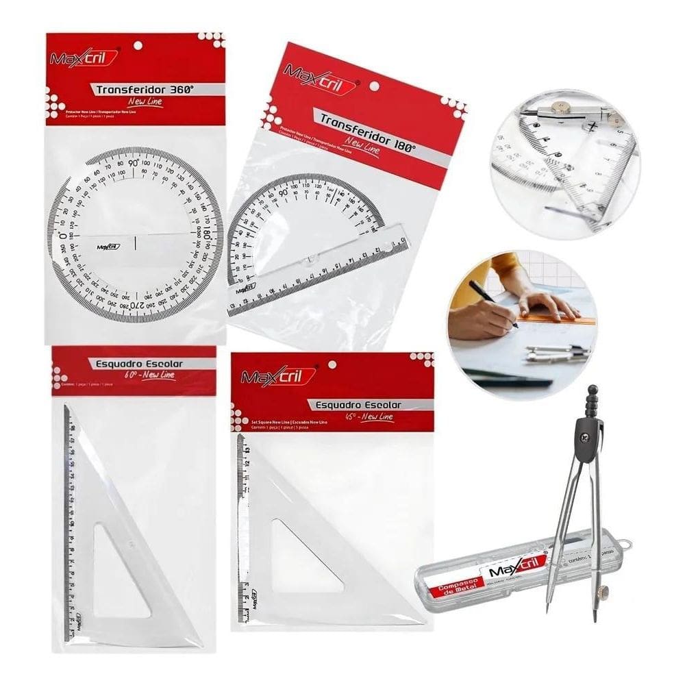 Kit 5Un Escolar Transferidor Esquadro Compasso Matemática