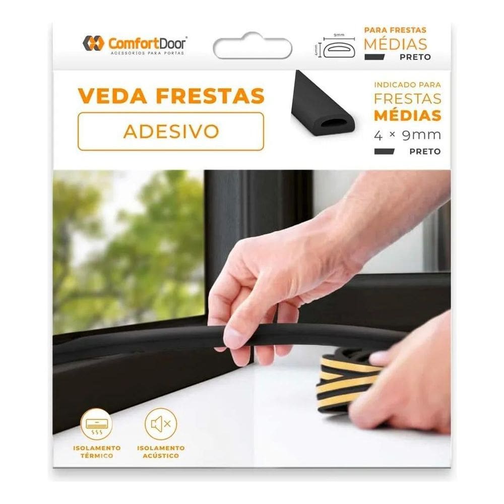 Veda Frestas Auto Adesivo Porta Janelas 4Mm Preto - 6 Metros