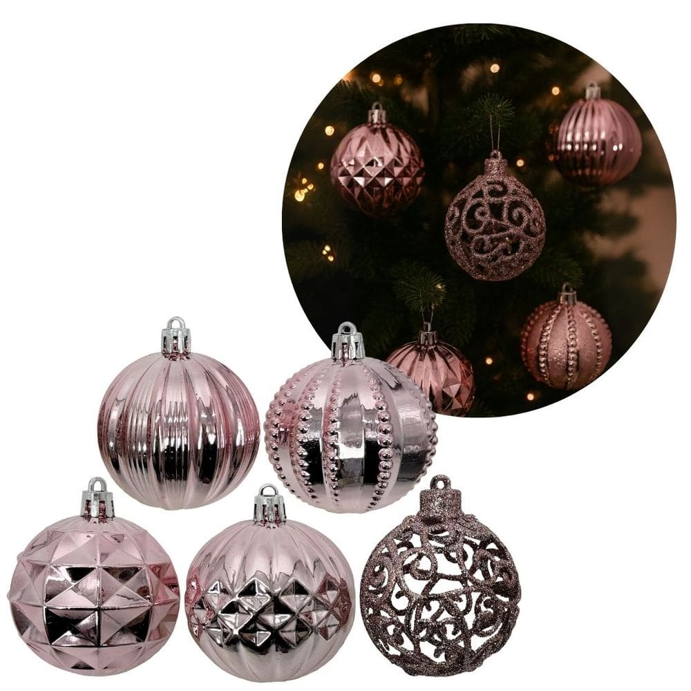 Kit 6 Bolas Natal Luxo Rosê Gold Textura Metalizada e Arabesco Glitter Vazado 6cm