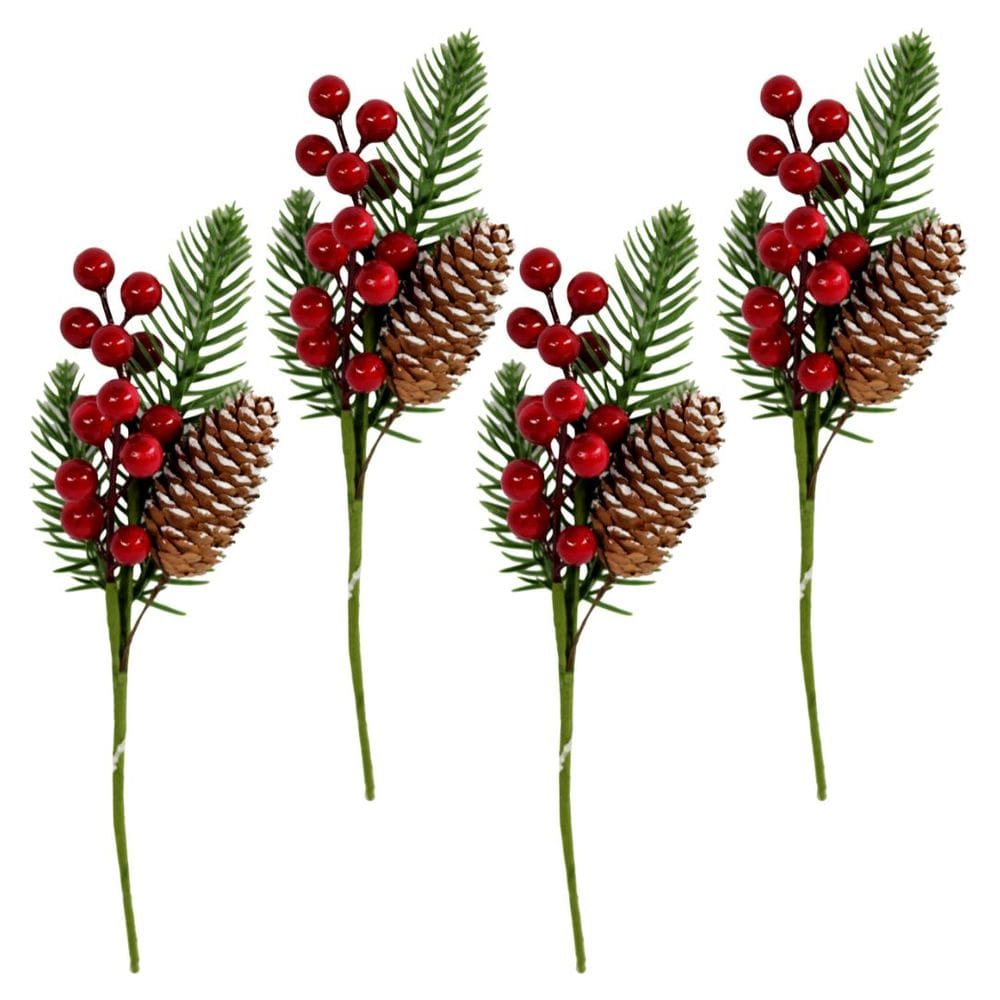 Jogo 4 Galhos Natalino Pick Decorativo Folhagens, Pinha Nevada e Azevinhos Vermelhos 25cm