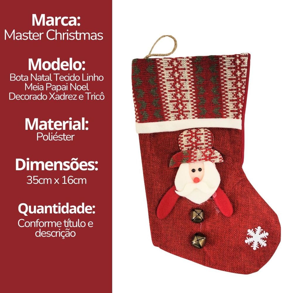 Bota Decorativa Meia Natal Papai Noel Tecido Linho Vinho e Xadrez com Guizo 35cm