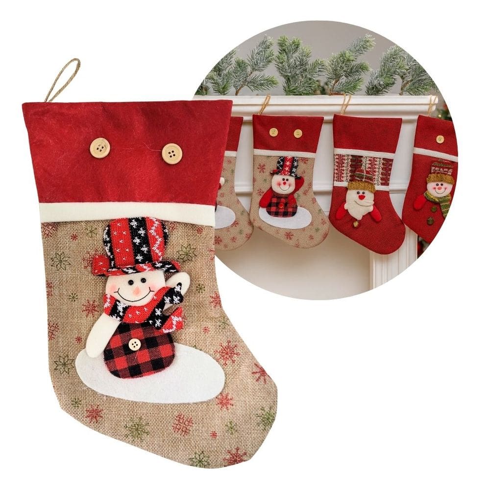 Bota Decorativa Meia Natalina Boneco de Neve Tecido Linho Bege Vermelho e Xadrez 35cm