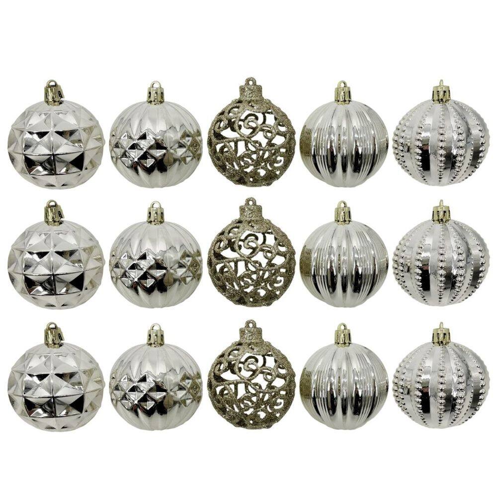 Kit 18 Bolas Natal Luxo Champanhe Textura Metalizada e Arabesco Glitter Vazado 6cm