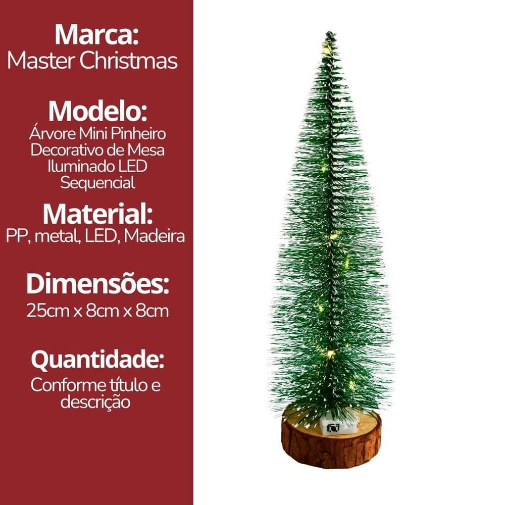 Jogo 2 Árvores Mini Pinheiro Nevado Decorativo 25cm Iluminado LED Sequencial Base Tronco Natural