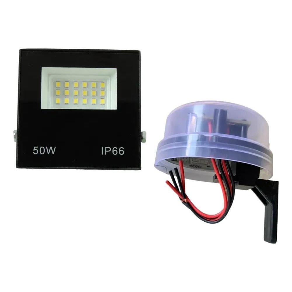 Refletor Led 50W E Relé Fotocélula Acende A Noite Apaga Dia