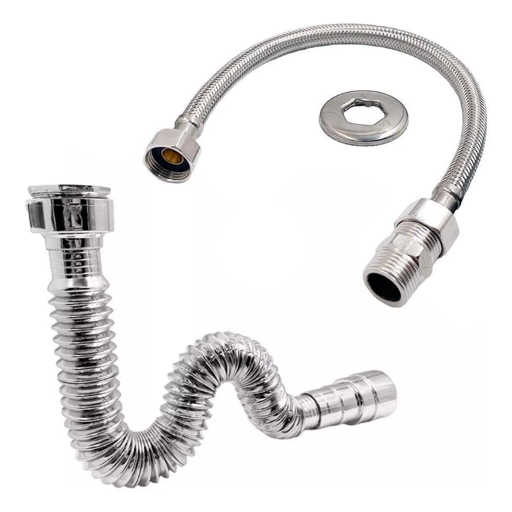 Kit Sifão Cromado + Engate Flexível Trançado 40Cm Pia Tanque