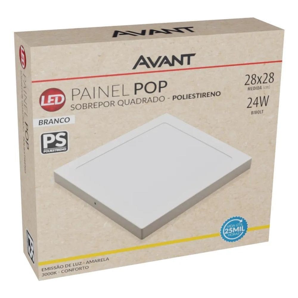 Painel Plafon Led 24W Quadrado Sobrepor Bco Frio Avant Cor B