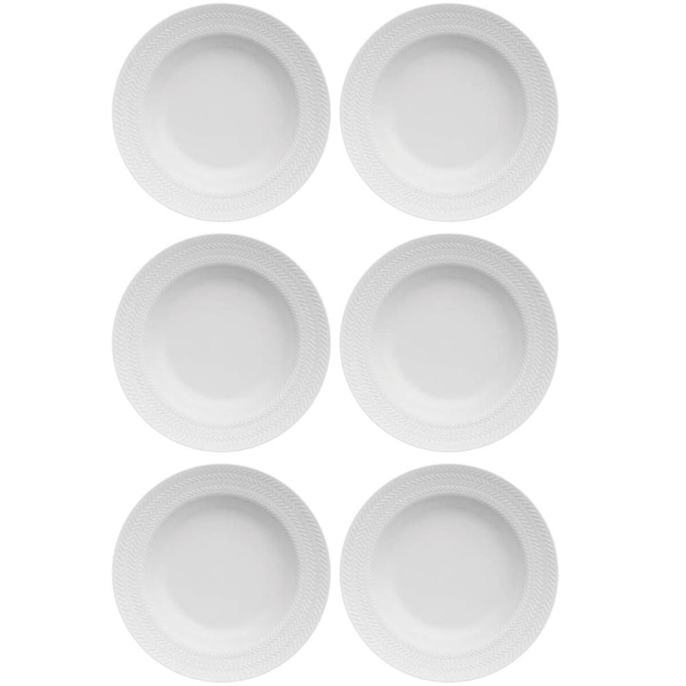 Jogo 6 Pratos Fundos Redondos 23,5cm Porcelana Relevo Germer Branco Mesa Posta