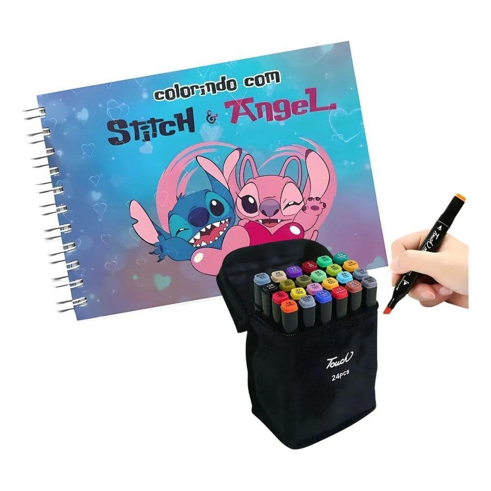 Kit Livro Colorir Stitch Caderno Capa Dura + Estojo Canetinh