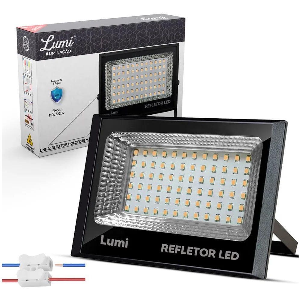 Refletor Led 100W Holofote A Prova D`Água Preto Branco Quent