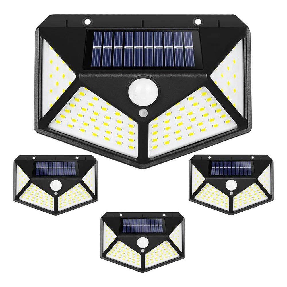 Kit 4 Luminária Solar 100 Led Com Sensor Jardim Prova Dágua
