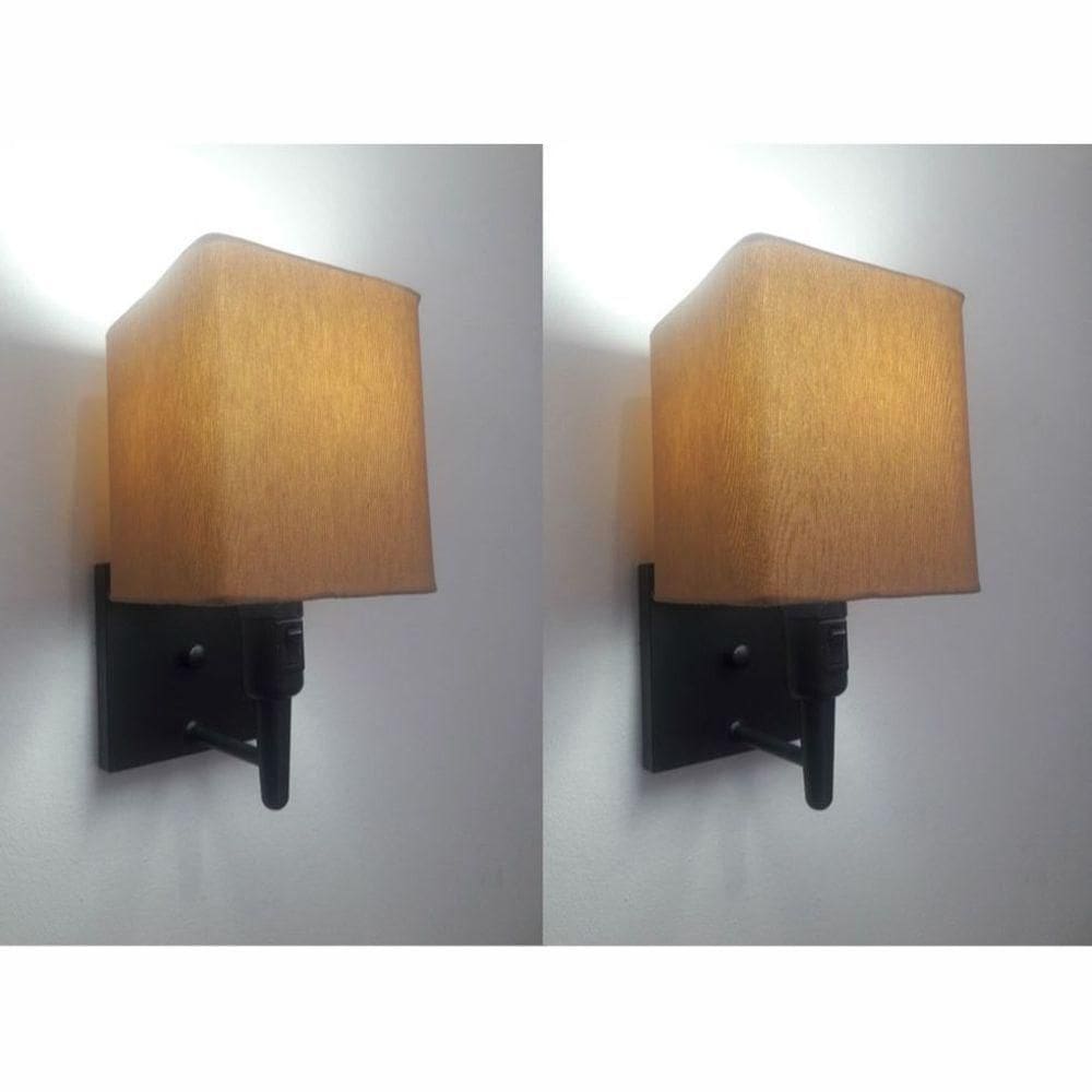 Kit-2 Arandela Quadrada Md-2019 Preto C- Inter Liga E Desl Cúpula Em Tecido Palha - Bivolt